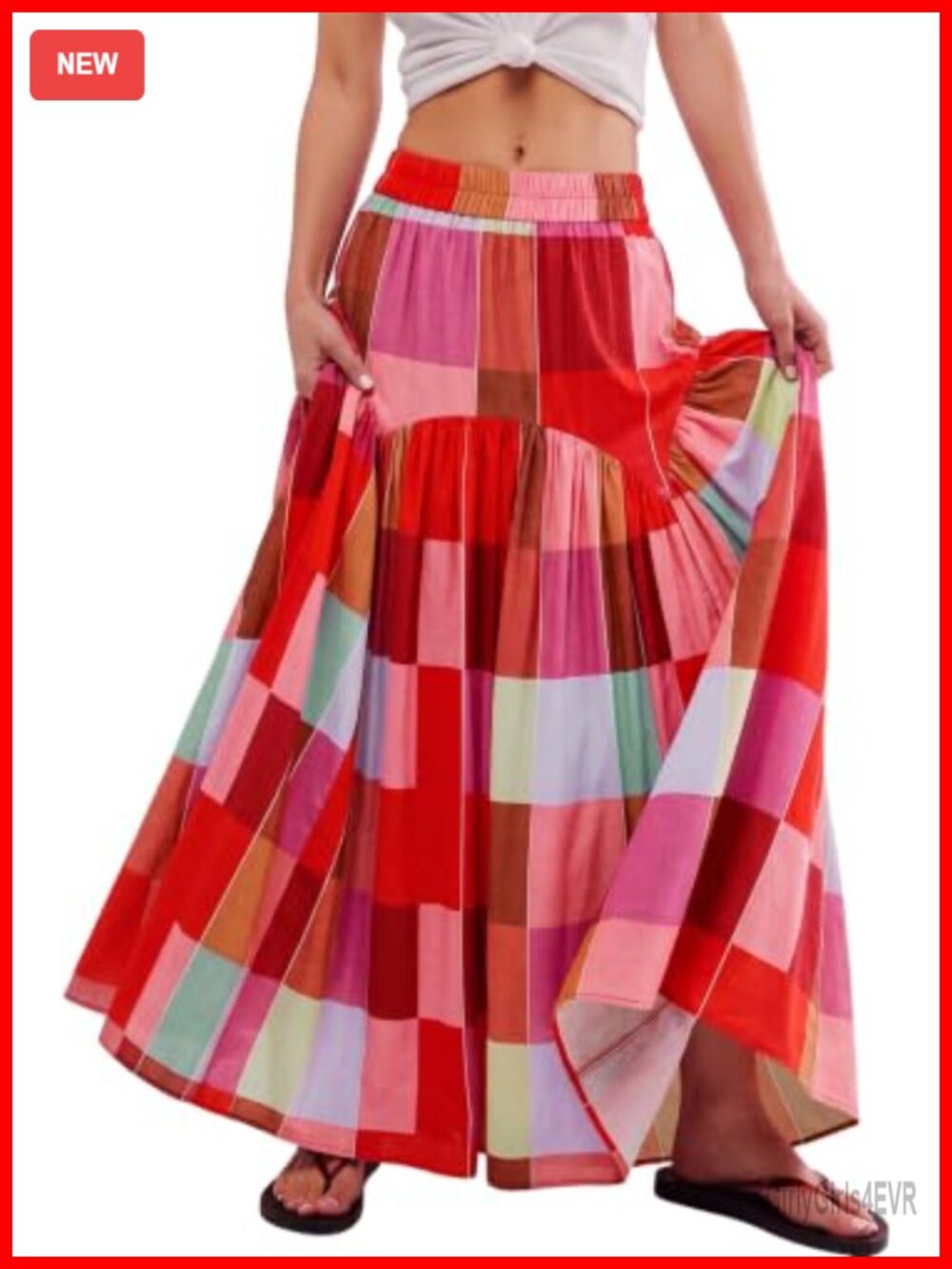 Women's Boho Ruched Plaid High Waist Floor Length Maxi Skirt